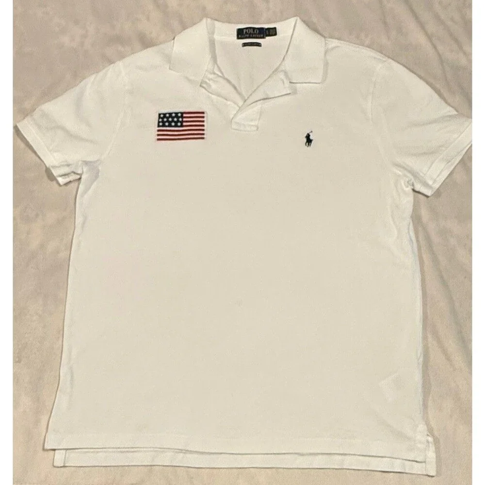 Polo Ralph Lauren Custom Fit American Flag Logo White Polo Size L Golf Casual